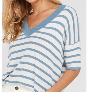 BLUE stripe V-neck short sleeve knit pullover top